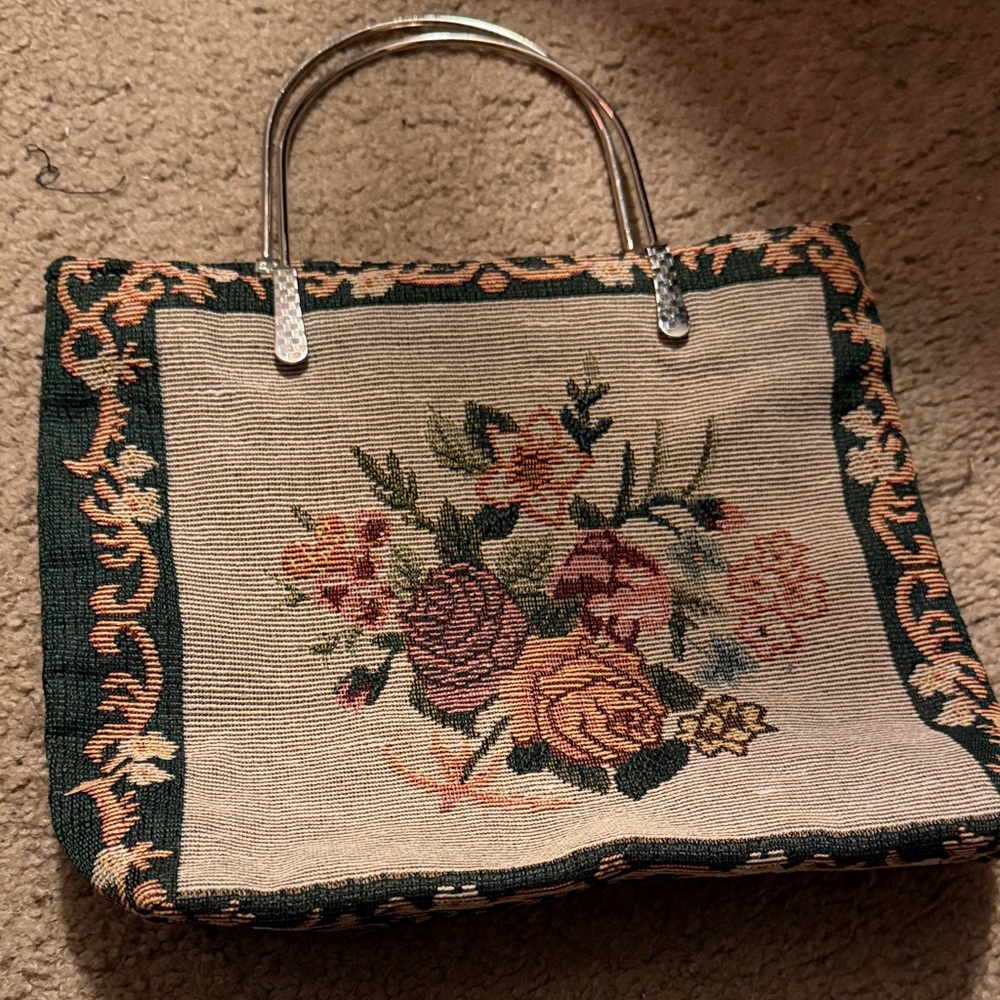 Floral Tapestry Handbag with Silver Handles